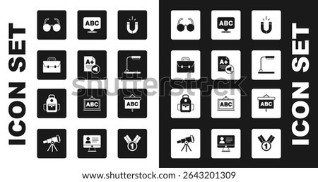 Set Magnet, Exam sheet with A plus grade, Briefcase, Glasses, Table lamp, Alphabet, Chalkboard and School backpack icon. Vector