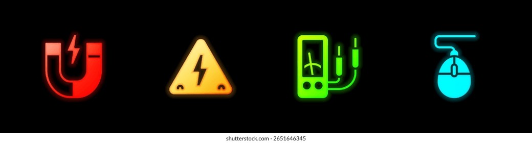 Ajuste o ímã, alta tensão, medidor Ampere, multímetro e ícone do mouse do computador. Vetor