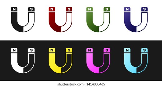 Set Magnet icon isolated on black and white background. Horseshoe magnet, magnetism, magnetize, attraction sign. Vector Illustration