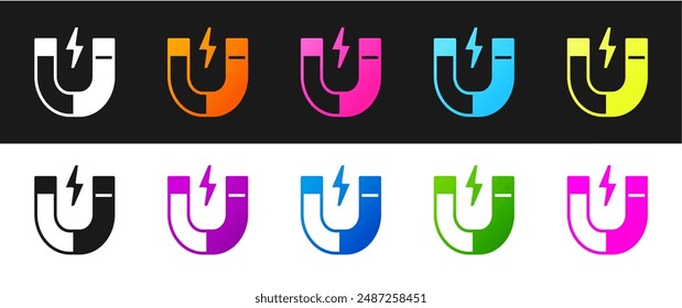 Magnetsymbol auf schwarzweißem Hintergrund festlegen. Hufeisenmagnet, Magnetismus, magnetisieren, Anziehung.  Vektorgrafik