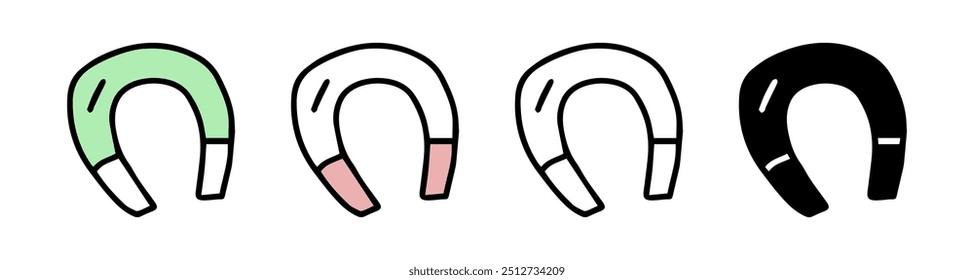 Set of magnet icons featuring colored illustrations, black silhouette, and black outline, isolated on a white background. Concept of magnetism, physics, and attraction. Design elements.