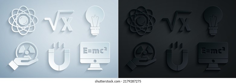 Set Magnet, Light bulb with concept of idea, Radioactive, Equation solution, Square root x glyph and Atom icon. Vector
