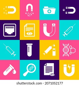 Set Magnet with lightning, Genetic engineering, Syringe, Health record folder, Paper page eye and Network port cable socket icon. Vector