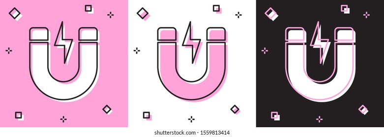 Set Magnet with lightning icon isolated on pink and white, black background. Horseshoe magnet, magnetism, magnetize, attraction sign.  Vector Illustration
