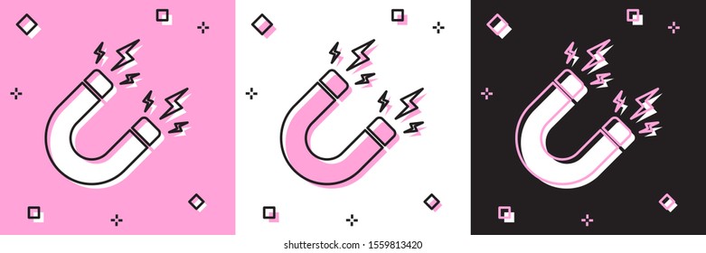 Set Magnet with lightning icon isolated on pink and white, black background. Horseshoe magnet, magnetism, magnetize, attraction sign.  Vector Illustration