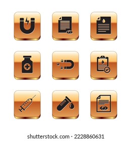 Set Magnet with lightning, Syringe, Test tube drop of blood, Customer attracting, Medicine bottle and Clipboard test icon. Vector