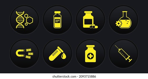 Ponga el imán con dinero, bioingeniería, gota de sangre en el tubo de prueba, botella de Medicina, píldoras y vial médico, ícono de la ampolla. Vector
