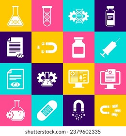 Set Magnet with money, Clinical record monitor, Syringe, Gene editing, Customer attracting and Paper page eye icon. Vector