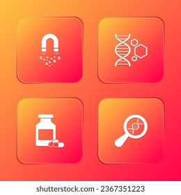 Set Magnet with money, Genetic engineering, Medicine bottle and pills and DNA research, search icon. Vector
