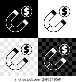 Set Magnet with money icon isolated on black and white, transparent background. Concept of attracting investments. Big business profit attraction and success.  Vector