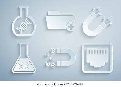 Set Magnet with money, lightning, DNA research, search, Network port cable socket, Health record folder and  icon. Vector