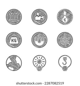 Set Magnet, No direct sunlight, Industrial hook, Snowflake, Worldwide, Weight, Meteorology thermometer and Temperature wash icon. Vector