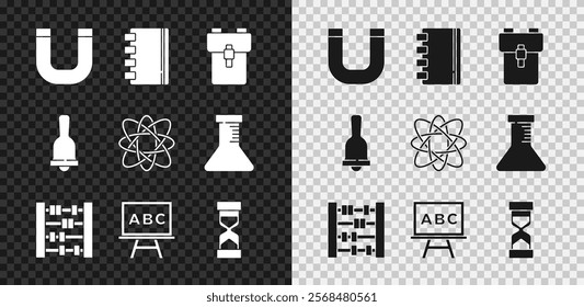 Set Magnet, Spiral notebook, School backpack, Abacus, Chalkboard, Old hourglass with sand, Ringing bell and Atom icon. Vector