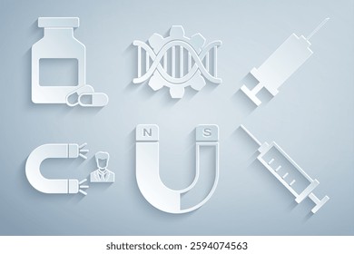 Set Magnet, Syringe, Customer attracting, , Genetic engineering and Medicine bottle and pills icon. Vector
