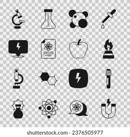 Set Magnet, Test tube, Alcohol or spirit burner, Molecule, Chemistry report, Lightning bolt, Microscope and Apple icon. Vector