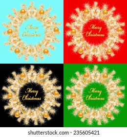Set with magnificent gold Christmas wreaths with bows, spheres and beads on blue, red, green and black backgrounds