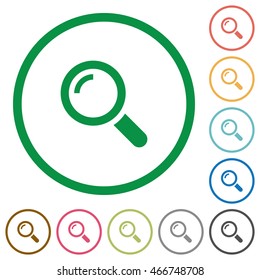 Set of magnifier color round outlined flat icons on white background