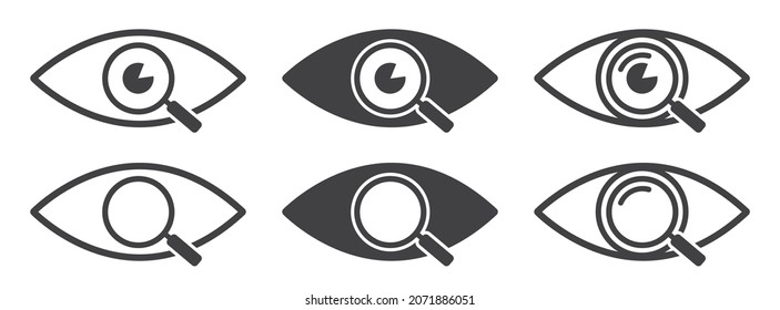 Set of magnifier icons with eye icons. Magnifying glass, eye. Eye care symbols. Vector.