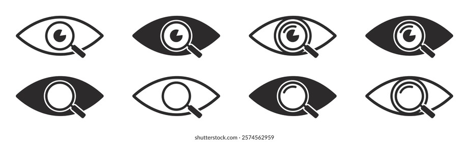 Set of magnifier icons with eye icons. Magnifying glass, eye. Eye care symbols. Vector.