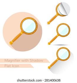 set of magnifier icons in flat style with different shadow. oval shadow, long shadow and magnifier icon folded corner on white