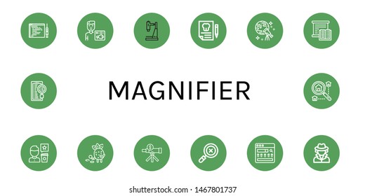 Set of magnifier icons such as Code injection, News admin, Research, Dental insurance, Discovery, Studying, Review, Detective, Analysis, Search, Search engine, Searching , magnifier