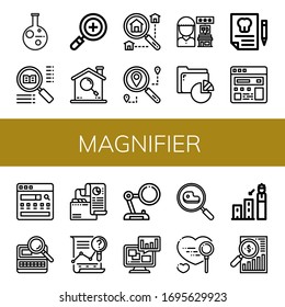 Set of magnifier icons. Such as Research, Search, Searching, Review, Analysis, Dental insurance, Search engine, Magnifying glass, Forecast, Market analysis , magnifier icons