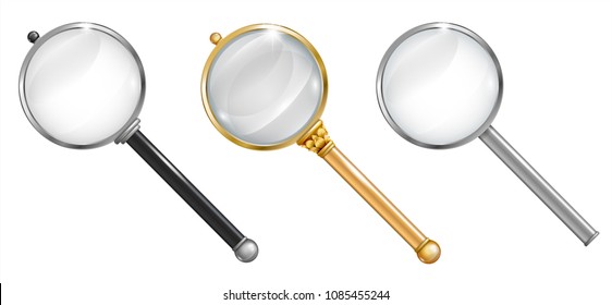 Set of magnifier for information search with a transparent magnifying glass and transparent shadow in vector graphics