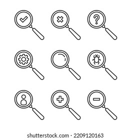 set of magnifiers like inspection thin line icon. linear trend stroke art lineart web element for graphic design. collection of badge for exploration or information analyze and simple loupe silhouette