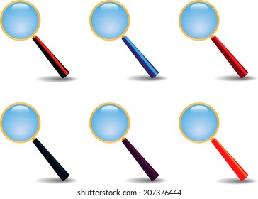Set of magnifiers with multicolor handles on white background