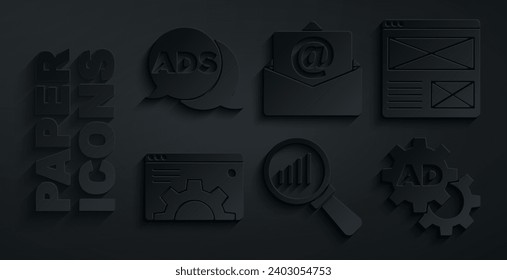 Establecer vidrio y análisis de ampliación, ventana Navegador, configuración, publicidad, correo electrónico e icono de correo. Vector