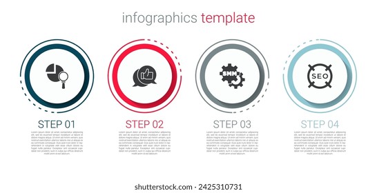 Set Magnifying glass and analysis, Customer product rating, Social media marketing and SEO optimization. Business infographic template. Vector