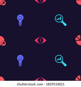 Fijar vidrio y análisis de aumento, Cabeza con bombilla de lámpara, dólar ocular y crecimiento financiero en un patrón sin fisuras. Vector.
