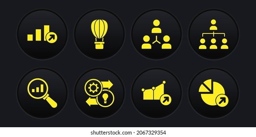 Set Magnifying glass and analysis, Hierarchy organogram chart, Human resources, Financial growth, Project team base, Hot air balloon,  and  icon. Vector
