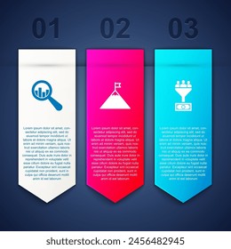 Set Magnifying glass and analysis, Mountains flag and Lead management. Business infographic template. Vector