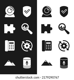 Set Magnifying glass and analysis, Piece of puzzle, Web camera, Shield with check mark, Telephone and Gear arrows workflow icon. Vector