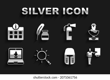 Set Magnifying glass, Ancient bust sculpture, Museum guide, Medieval iron helmet, Online museum, Fire extinguisher, Information and Feather and inkwell icon. Vector