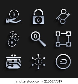 Set Magnifying glass with Bitcoin, Blockchain technology Ethereum ETH, Cryptocurrency Dash, wallet, key and Hand holding icon. Vector