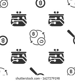 Set Magnifying glass with Bitcoin, Cryptocurrency exchange and Cryptocurrency wallet on seamless pattern. Vector