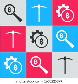 Set Magnifying glass with Bitcoin, Pickaxe and Cryptocurrency coin Bitcoin icon. Vector