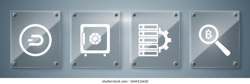 Set Magnifying glass with Bitcoin, Server and gear, Safe and Cryptocurrency coin Dash. Square glass panels. Vector