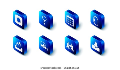 Set Magnifying glass, Calendar, Carabiner, Tree, Binoculars, Rv Camping trailer, Mountains and Sun icon. Vector