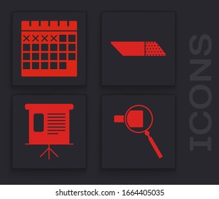 Set Magnifying glass, Calendar, Eraser or rubber and Presentation financial board with graph, schedule, chart, diagram, infographic, pie graph icon. Vector