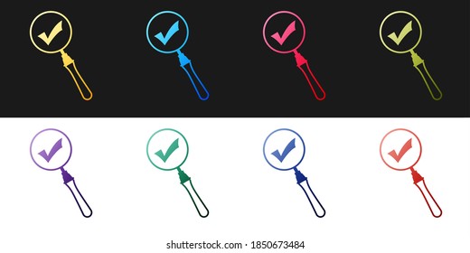 Set Magnifying glass and check mark icon isolated on black and white background. Magnifying glass and approved, confirm, done, tick, completed symbol. Vector.