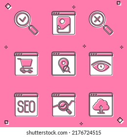 Set Magnifying glass with check mark, and delete, Online shopping on screen, Infographic of city map, Browser incognito window, SEO optimization and Website stocks market icon. Vector