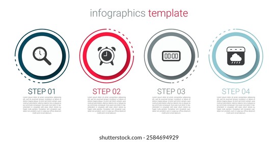 Set Magnifying glass with clock, Alarm, Digital alarm and Calendar autumn. Business infographic template. Vector