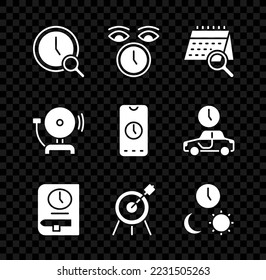 Ajuste la lupa con reloj, reloj, búsqueda de calendario, hora de libro, deporte de destino, día y noche, timbre de alarma y icono móvil de aplicación de alarma. Vector