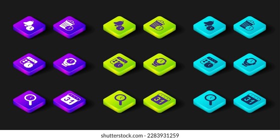 Set Magnifying glass with clock, Calendar, and, Clock, Waste of time and Alarm icon. Vector