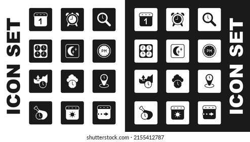 Set Magnifying glass with clock, Moon and stars, Time zone clocks, Calendar, Day time, Alarm,  and Stocks market growth graphs icon. Vector