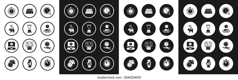 Set Magnifying Glas mit Uhr, alte Stundenglas Sand, Piggy Bank Münze, Uhren Pfeil, Nahrungszeit, Kalender, und Monitor Symbol. Vektorgrafik