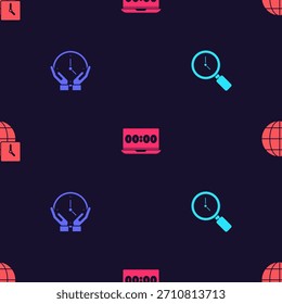 Establecer la lupa con el reloj, el reloj, en el ordenador portátil y la hora mundial en el patrón sin fisuras. Vector